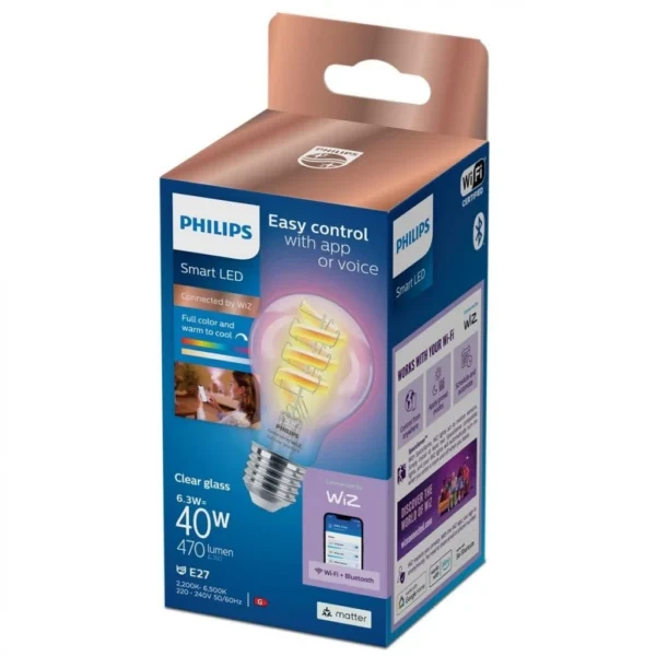 PHILIPS Wiz A60 Filament Clear Smart Bulb 6 3 40W A60 E27 822 65 RGB CL